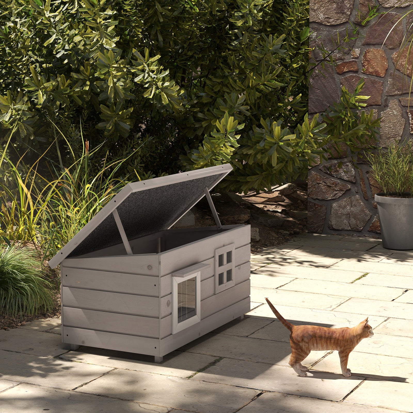 Pawhut Wooden Cat House Outdoor With Openable Top, Asphalt Roof, Window Grey