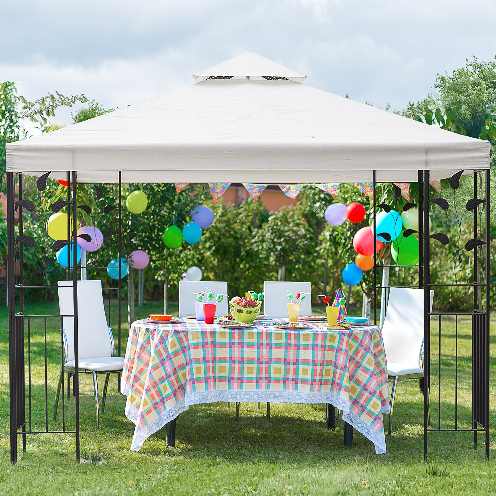 3m X 3m Outdoor Decorative Garden Gazebo Canopy Steel Frame | Cream