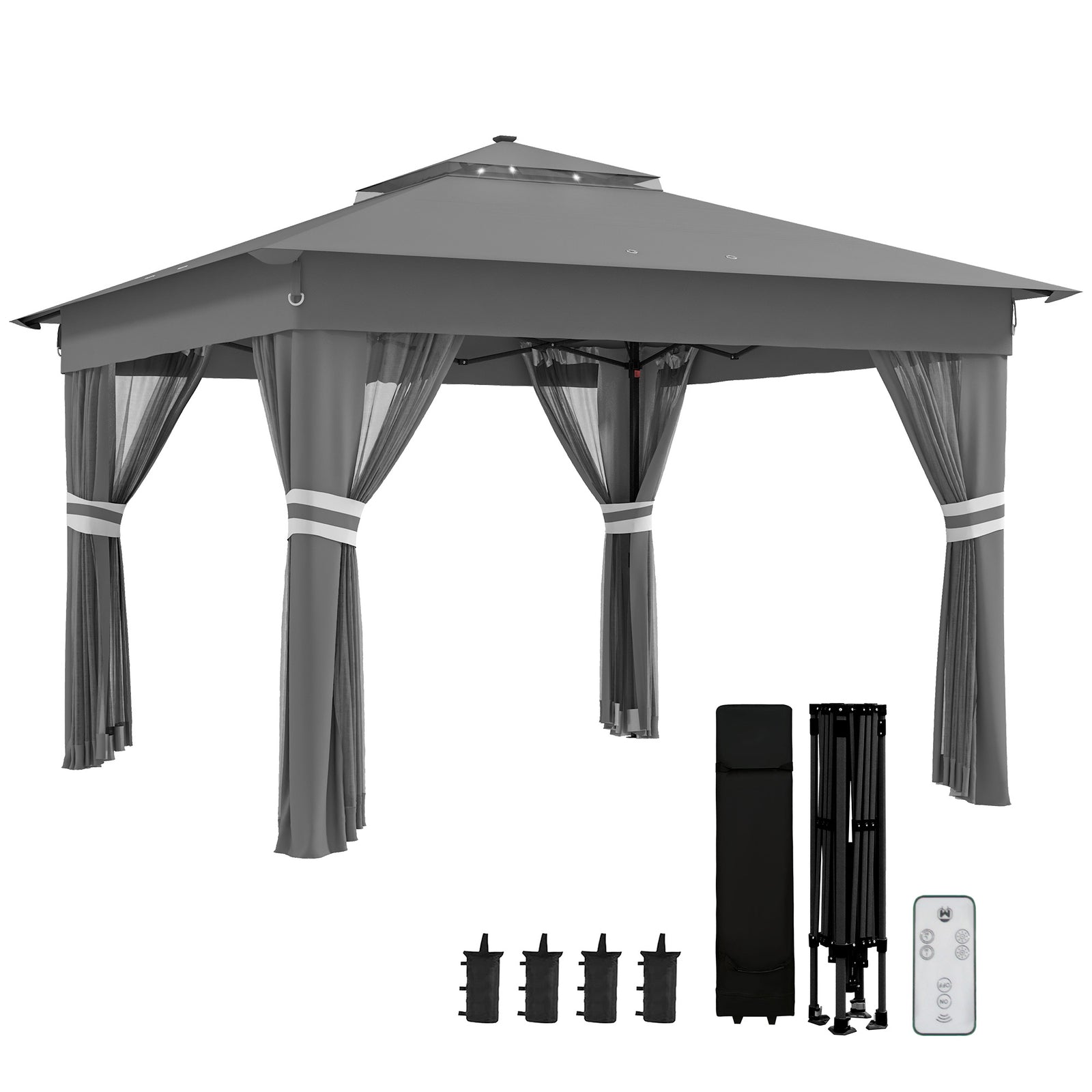 3x3(m) Pop Up Gazebo W/ Solar-powered Led Lights Curtain | Gray
