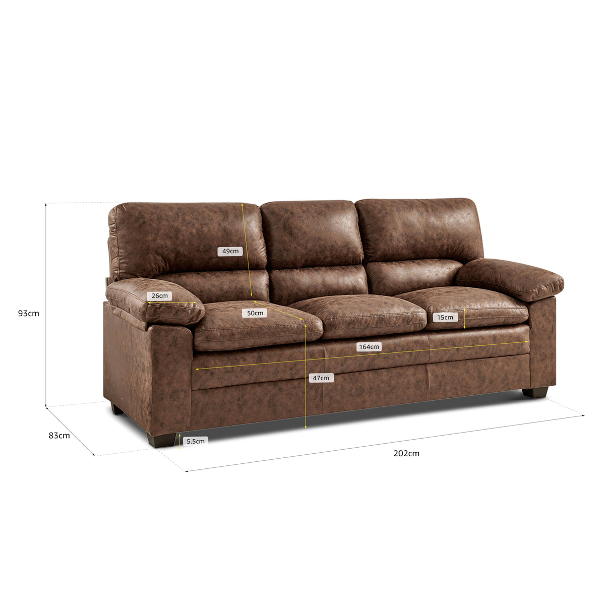 Oxford Faux Leather Sofa 3 Seater | Brown