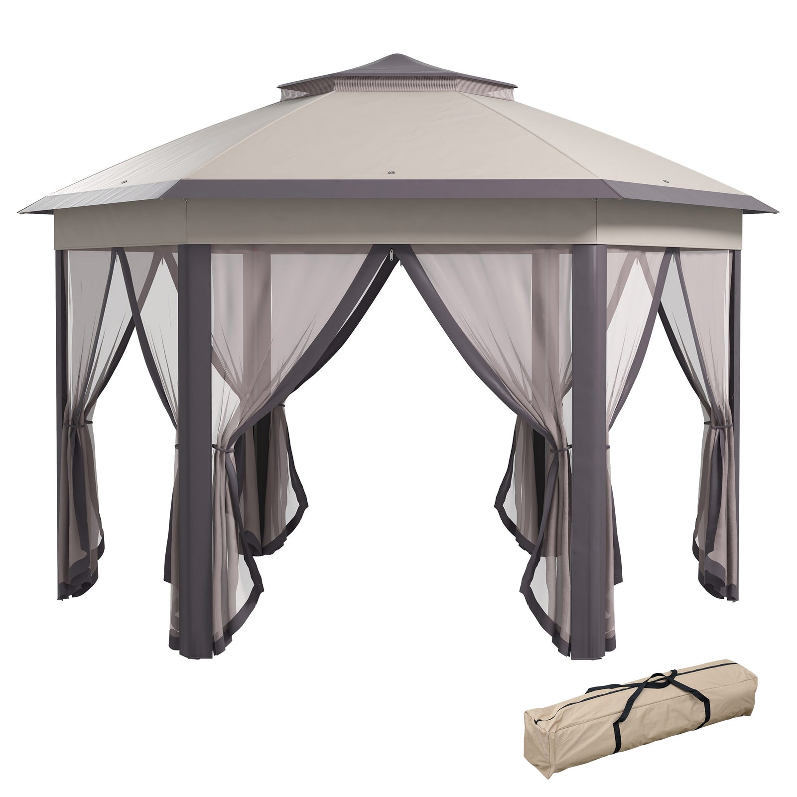 4x4m Hexagon Gazebo With Metal Frame Mesh Curtains Garden | Beige