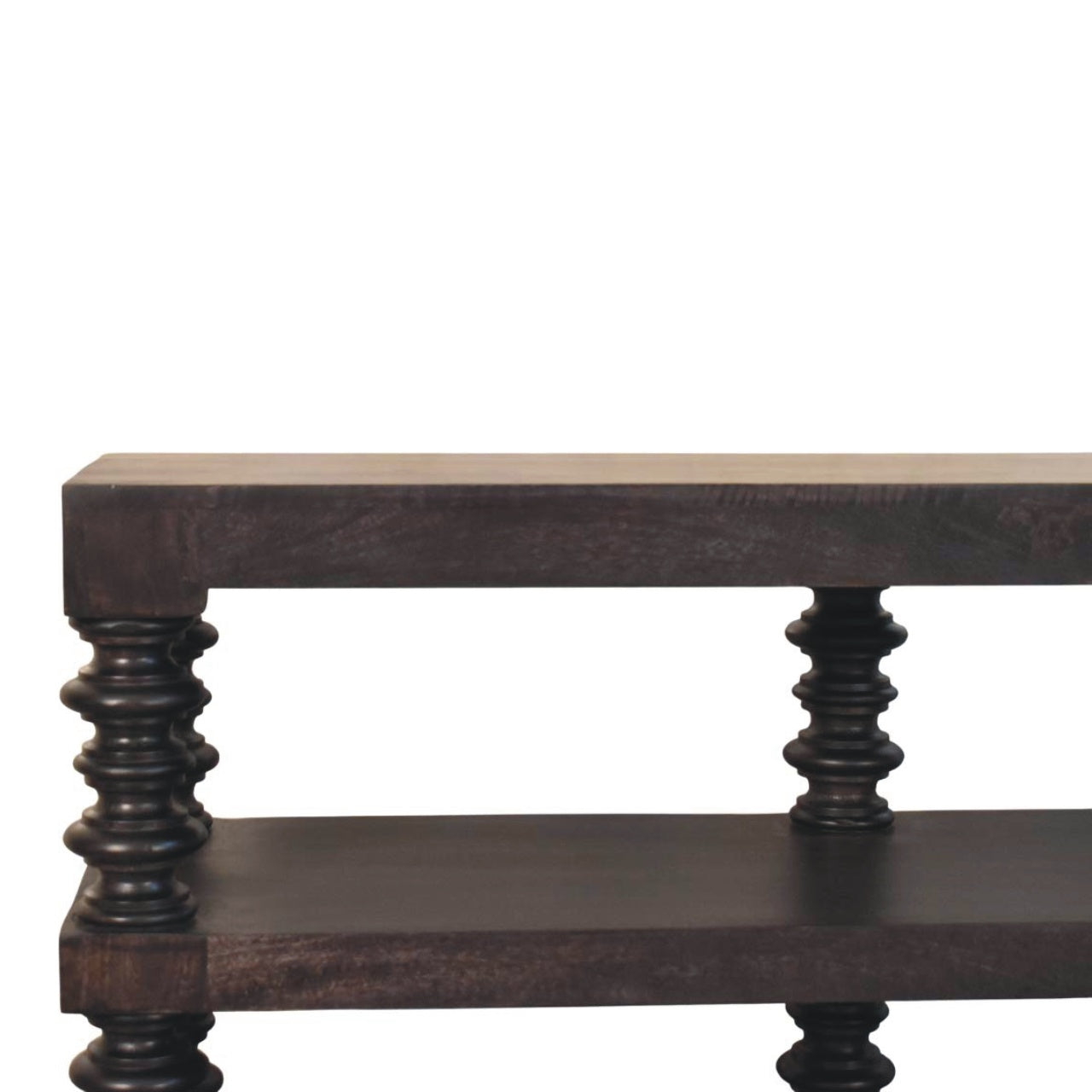 Spindle Shelf Console In Carbon Ash, 2 Open Shelf, Black Brown