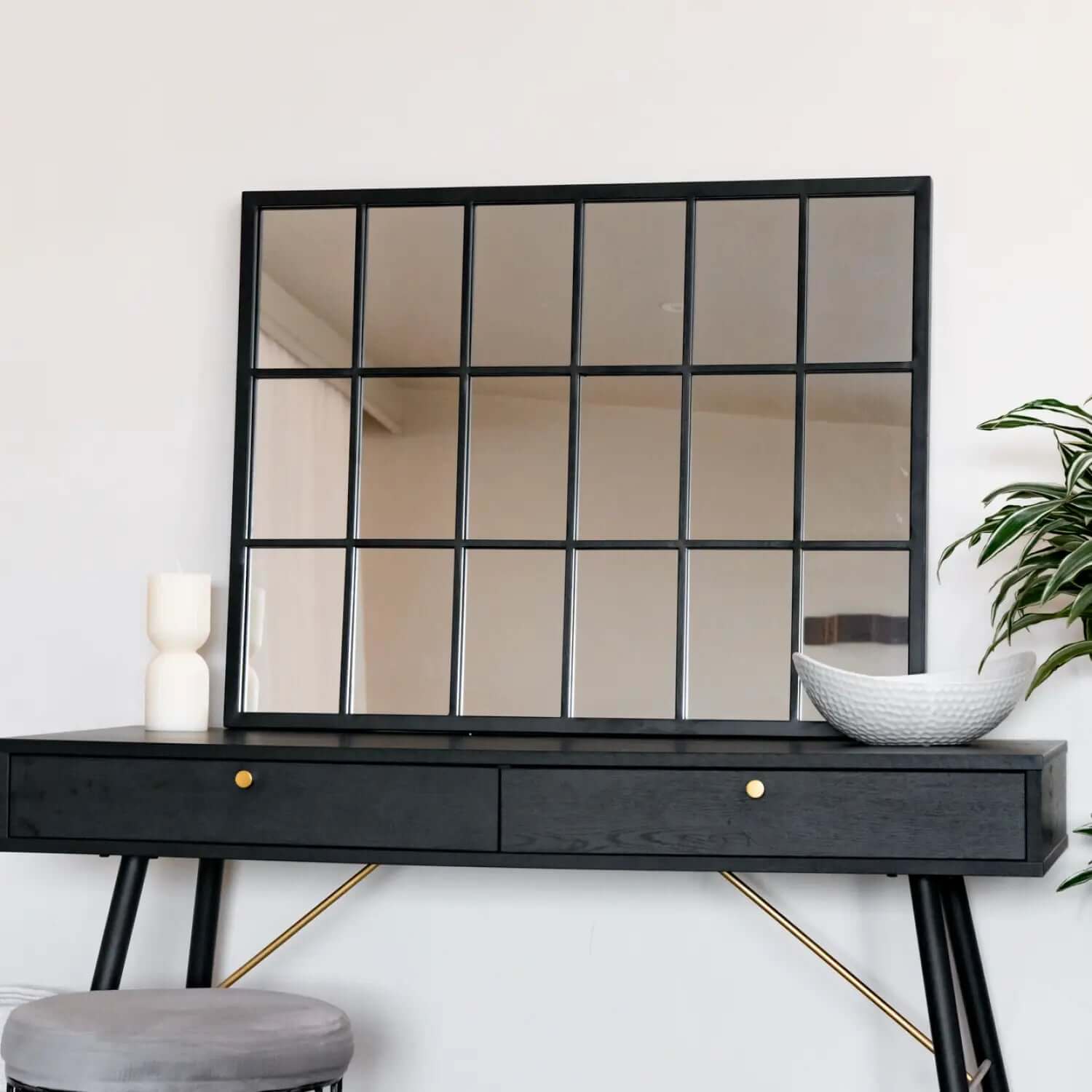Kyō - Metal Rectangle Lattice Window Mirror | 90cm x 70cm | Black
