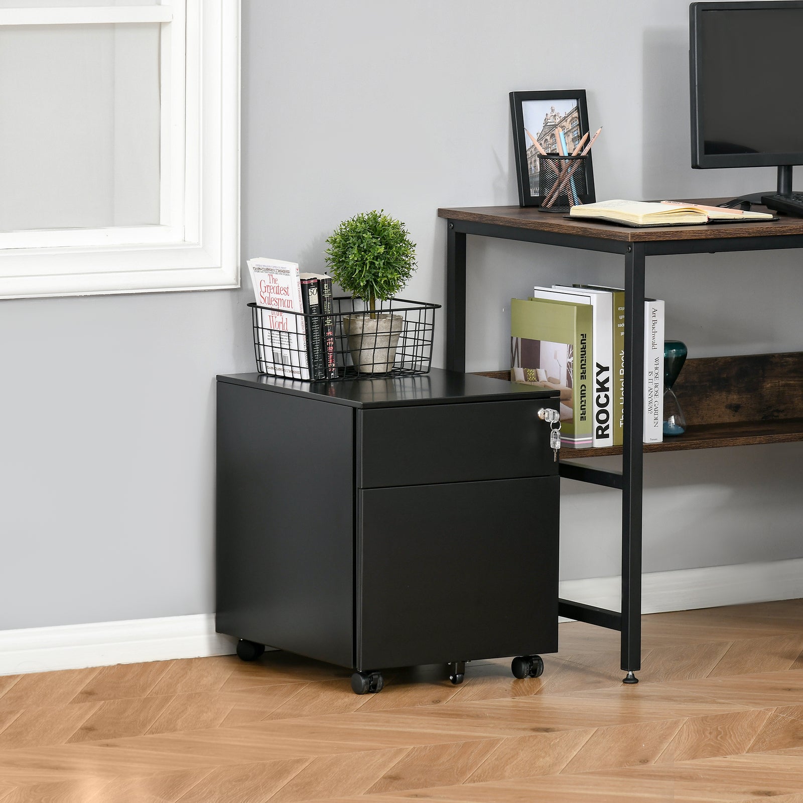 Mobile File Cabinet Steel Lockable With Pencil Tray | One Size | Black