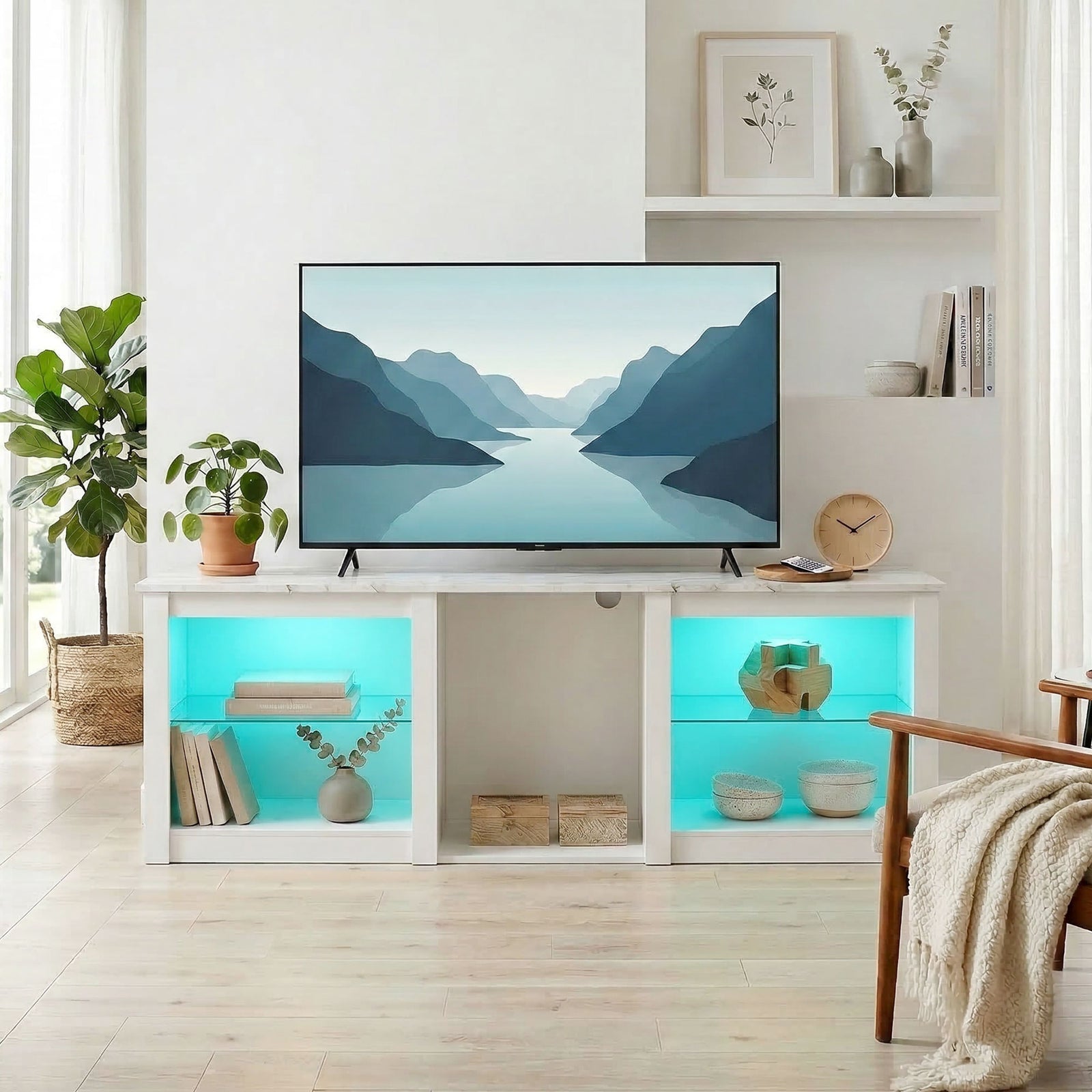 HOMCOM 160cm Tv Unit W/ Led Lights For 70" Tv Modern Tv Stand Cabinet Marble White