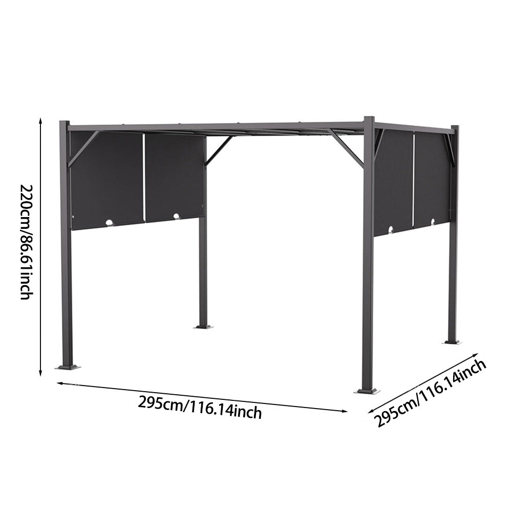 2.95m X 2.95m Steel Retractable Pergola With Flat Dark Grey Canopy Outdoor Sun Shelter For Garden Or Backyard | One Size