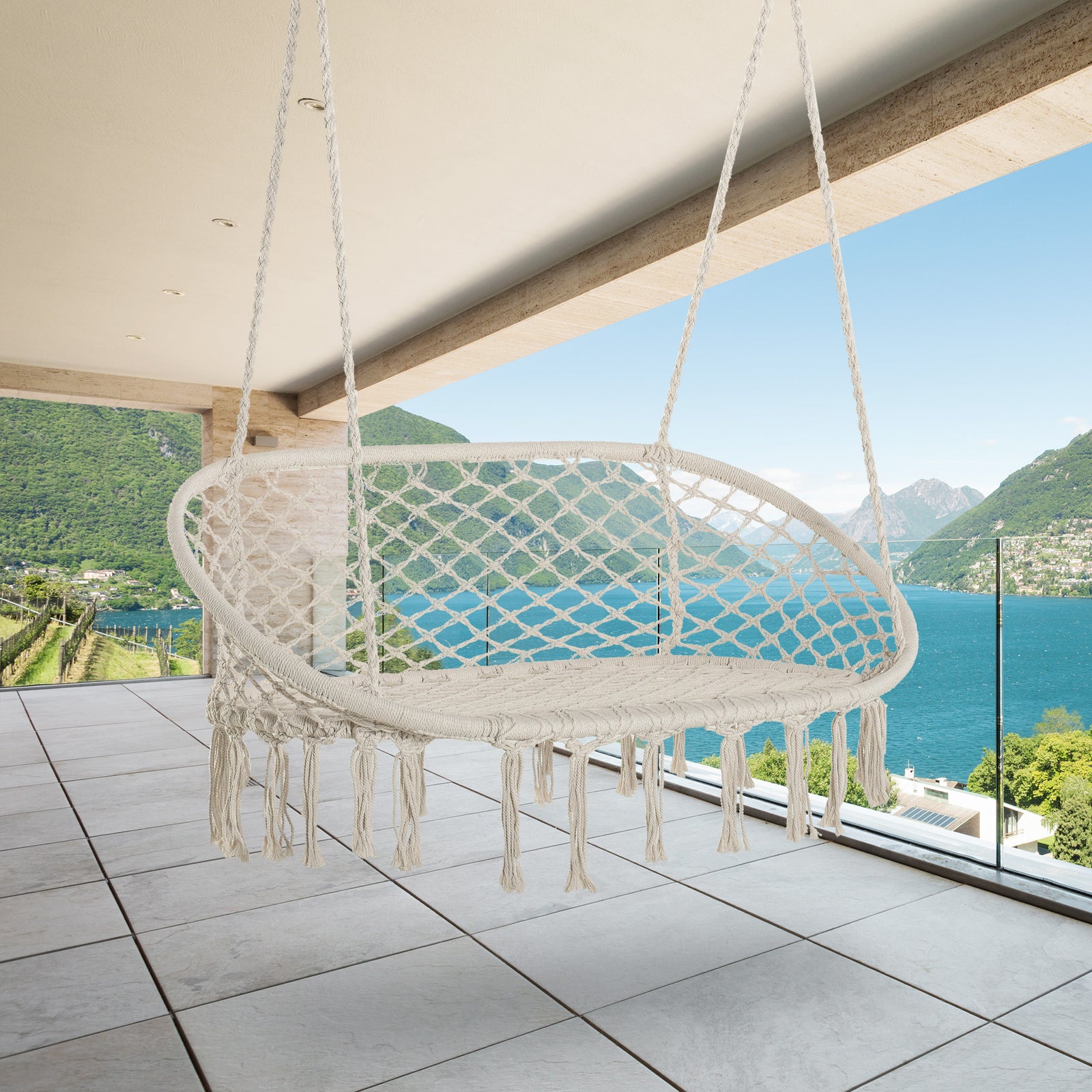 Hanging Chair, Cotton-polyester Blend Macrame, Metal Frame | Cream