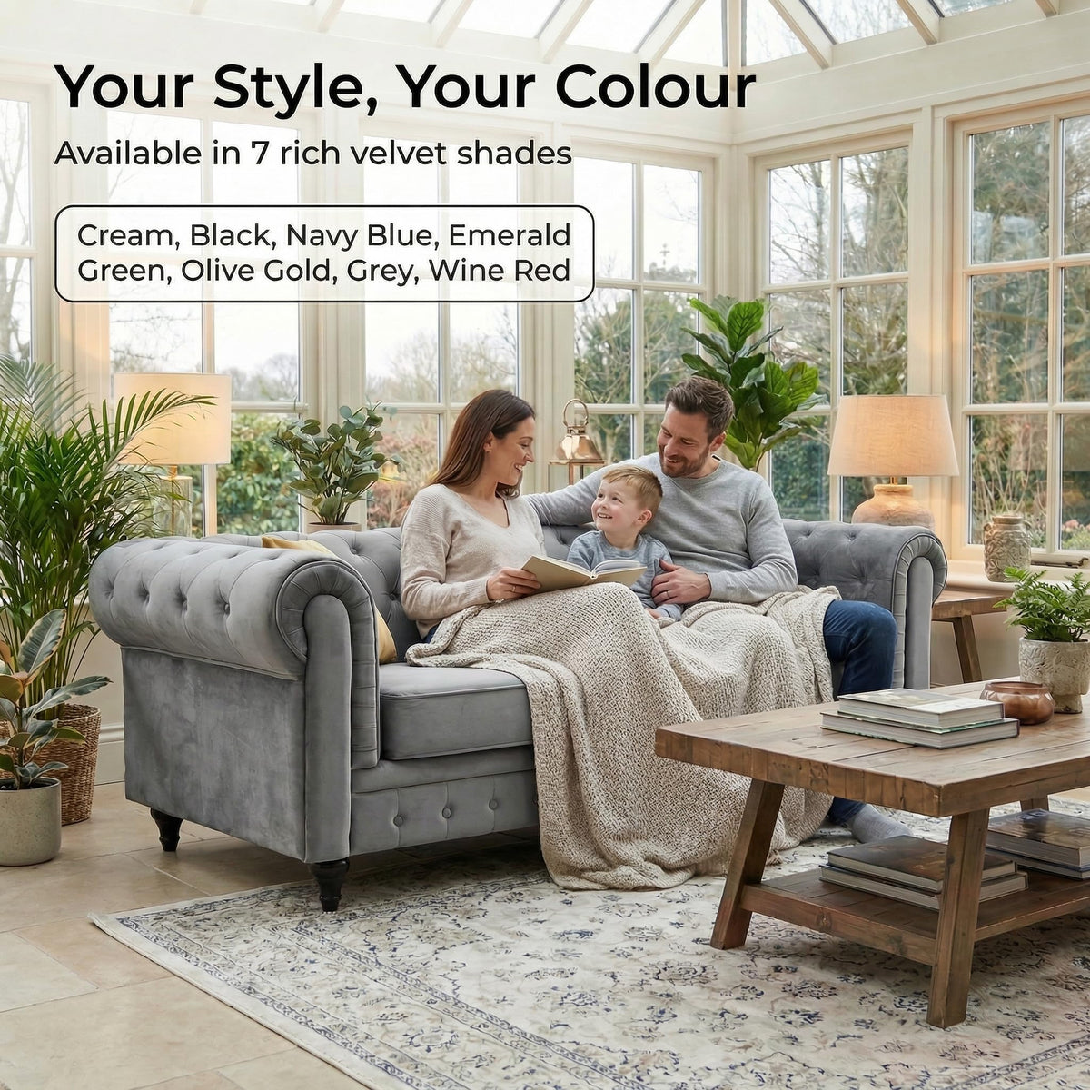 Chesterfield Scroll Arm Velvet Sofa 3 Seater | Grey