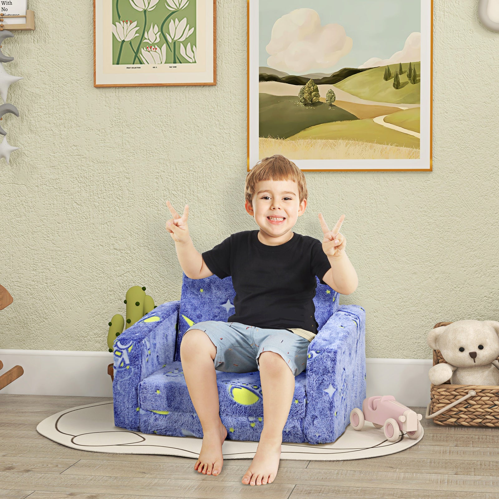 2 In 1 Kids Chair Bed With Glow In The Dark Cosmic Design | Blue
