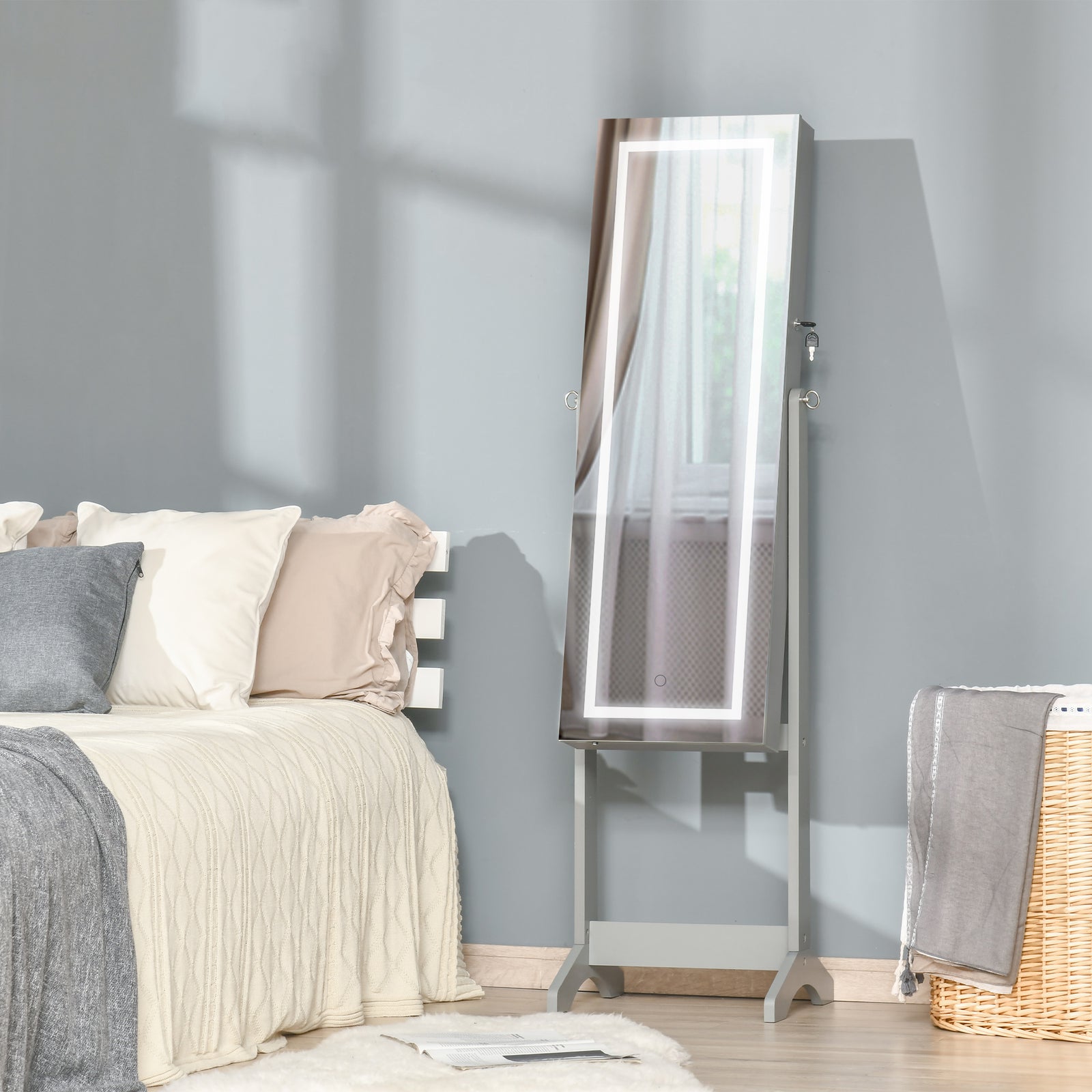 Mirrored Jewellery Cabinet W/ Led Lockable Jewellery Armoire | One Size | Gray