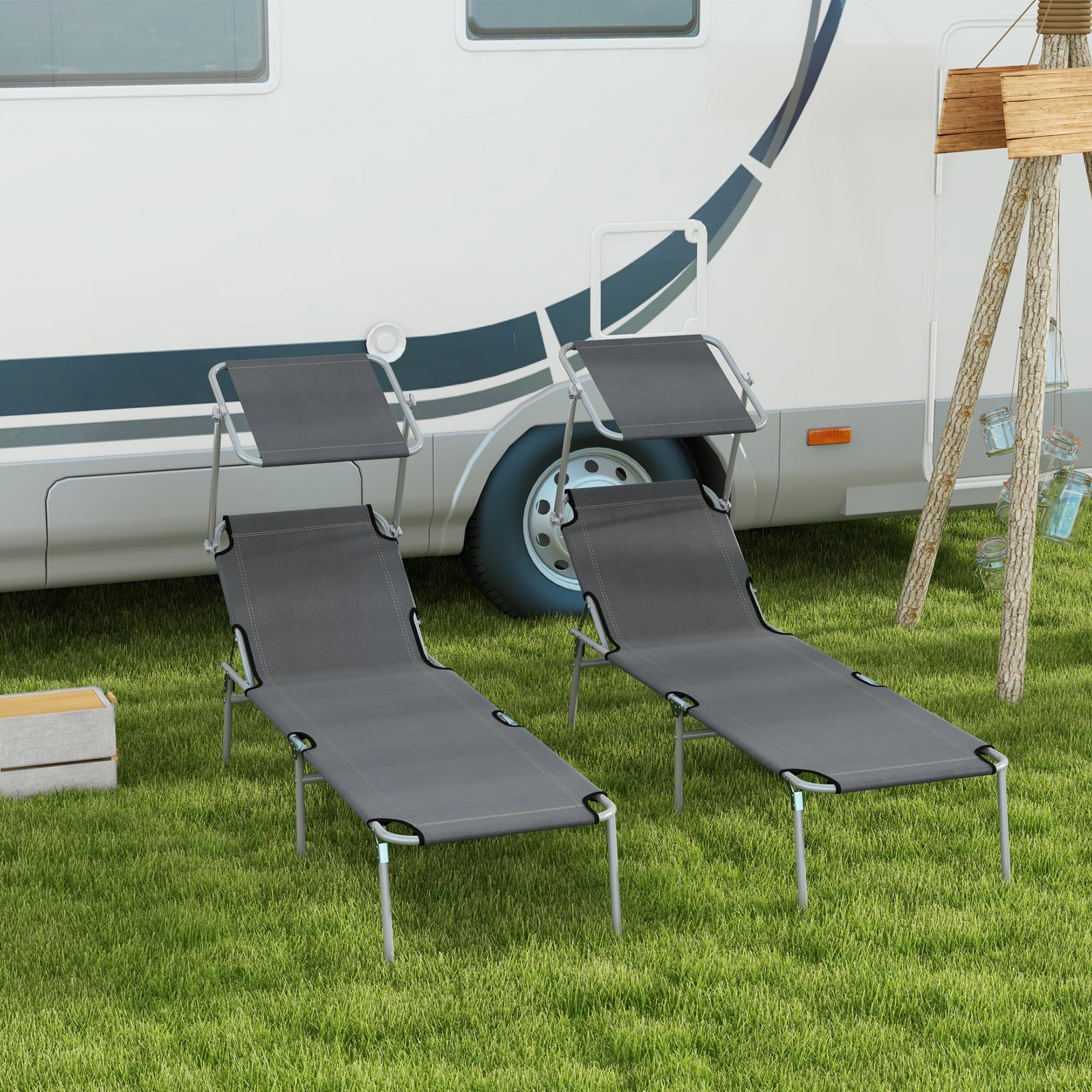 Reclining Sun Lounger Folding Recliner Garden Chair | Set of 2 | Dark Gray