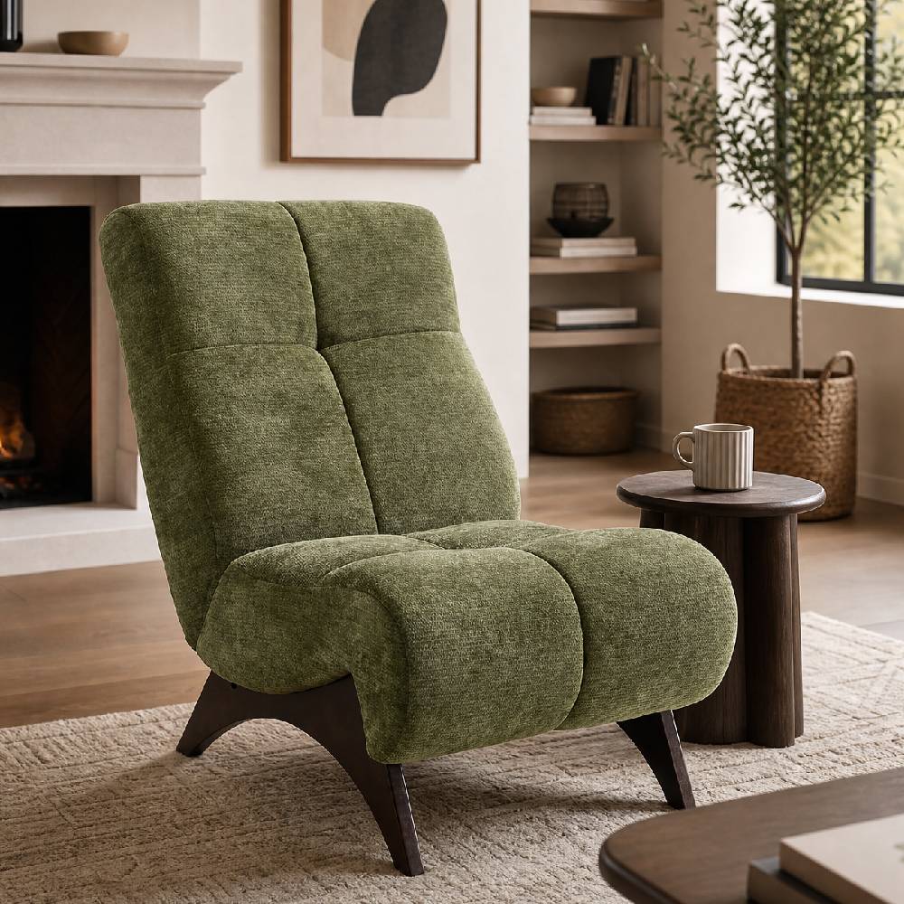Modern Upholstered Accent Chair High Back Lounge Chair Padded Chenille Armchair With Wooden Legs | Green