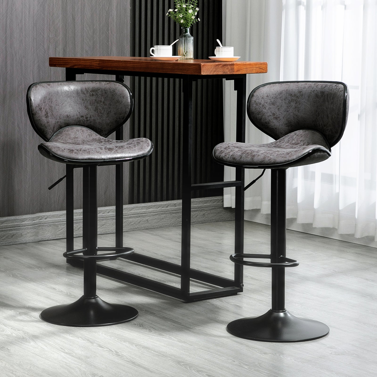 Bar Stool Set Of 2 Microfiber Adjustable | Dark Gray