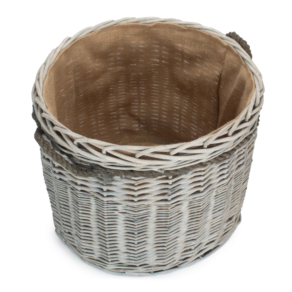 Large Wicker Grey Wash Round Hessian Lined Log Basket | Large | Gray