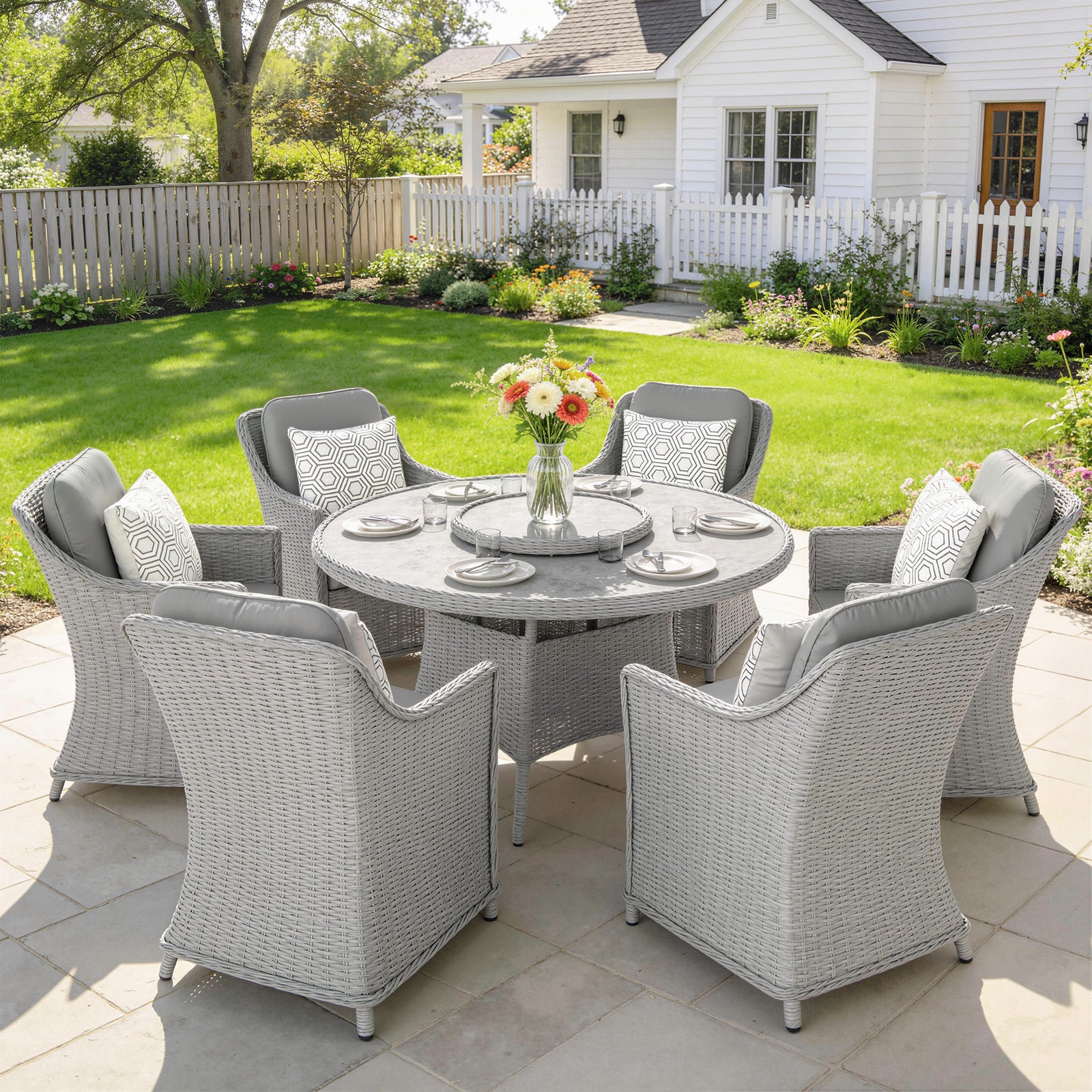 Rattan Garden Dining Set With Turntable, Aluminium Frame