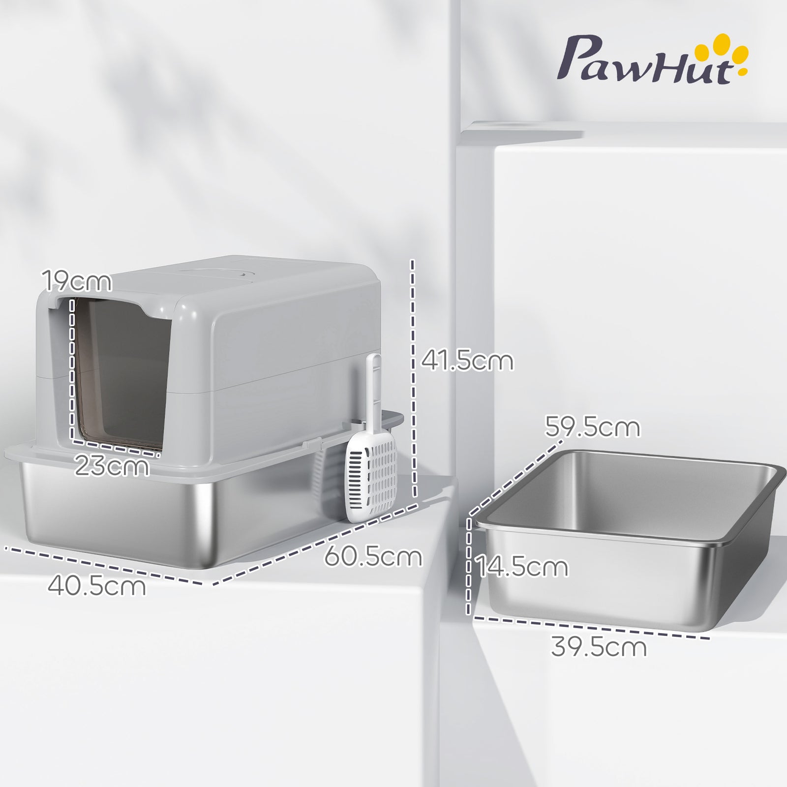 Stainless Steel Cat Litter Box With Removable Lid, Scoop, Grey | Grey