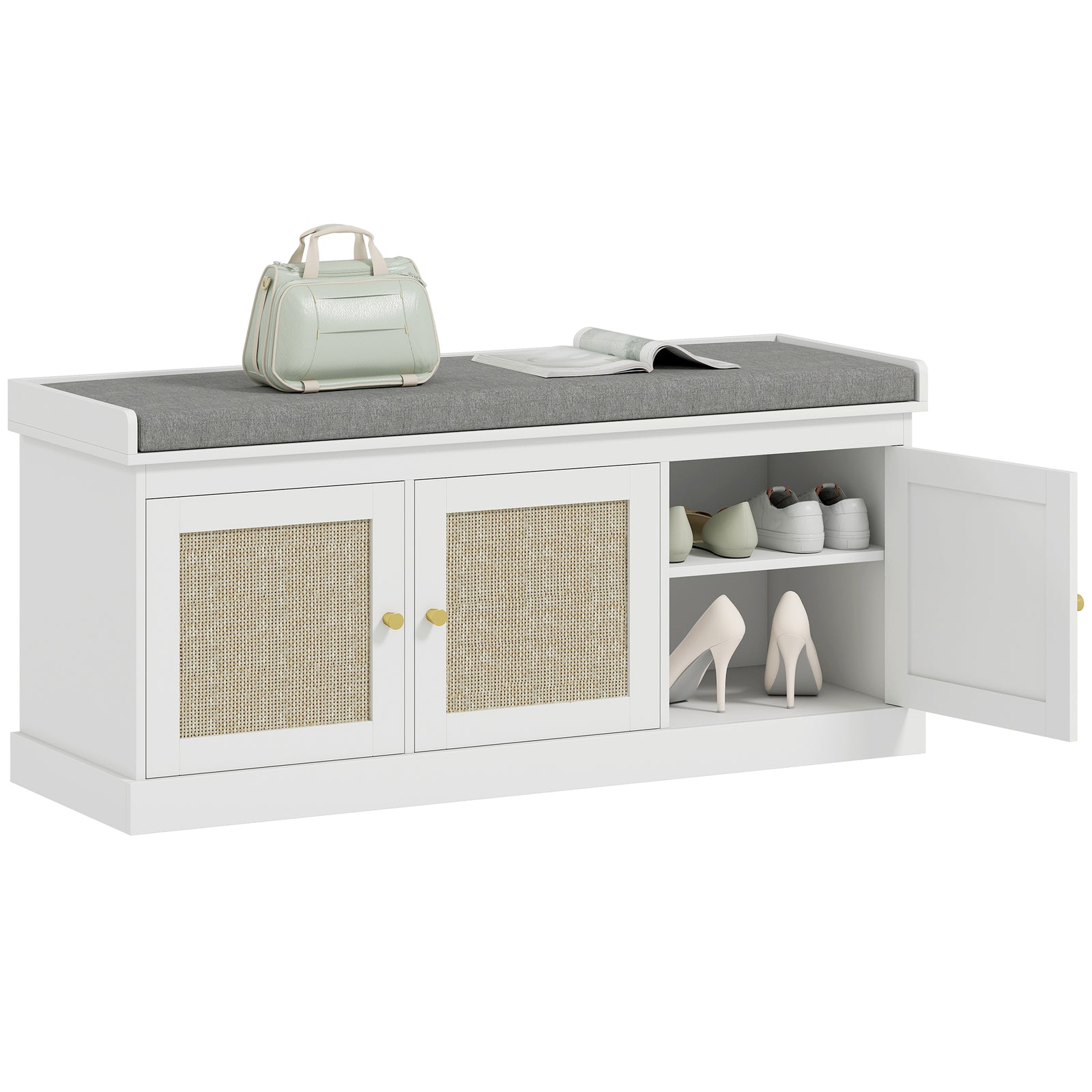 Shoe Storage Bench With Rattan Doors, Cushion, Entryway Shoe Bench