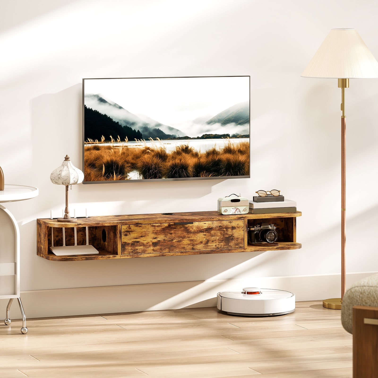 120 Cm Floating Tv Unit With Flip Drawer And Shelves | Rustic Brown