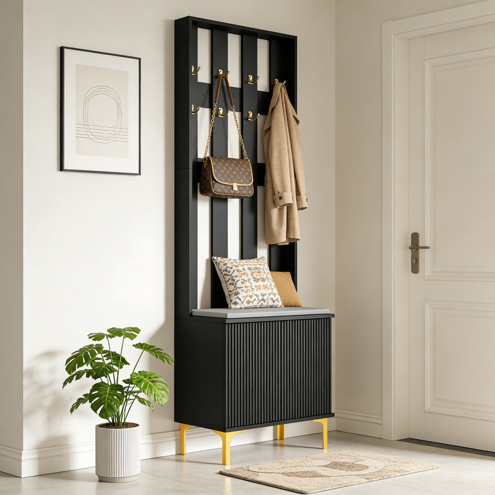 Coat Rack Stand With Shoe Storage Bench 2 Tier Clothes Hat Hanger 8 Hooks | Black