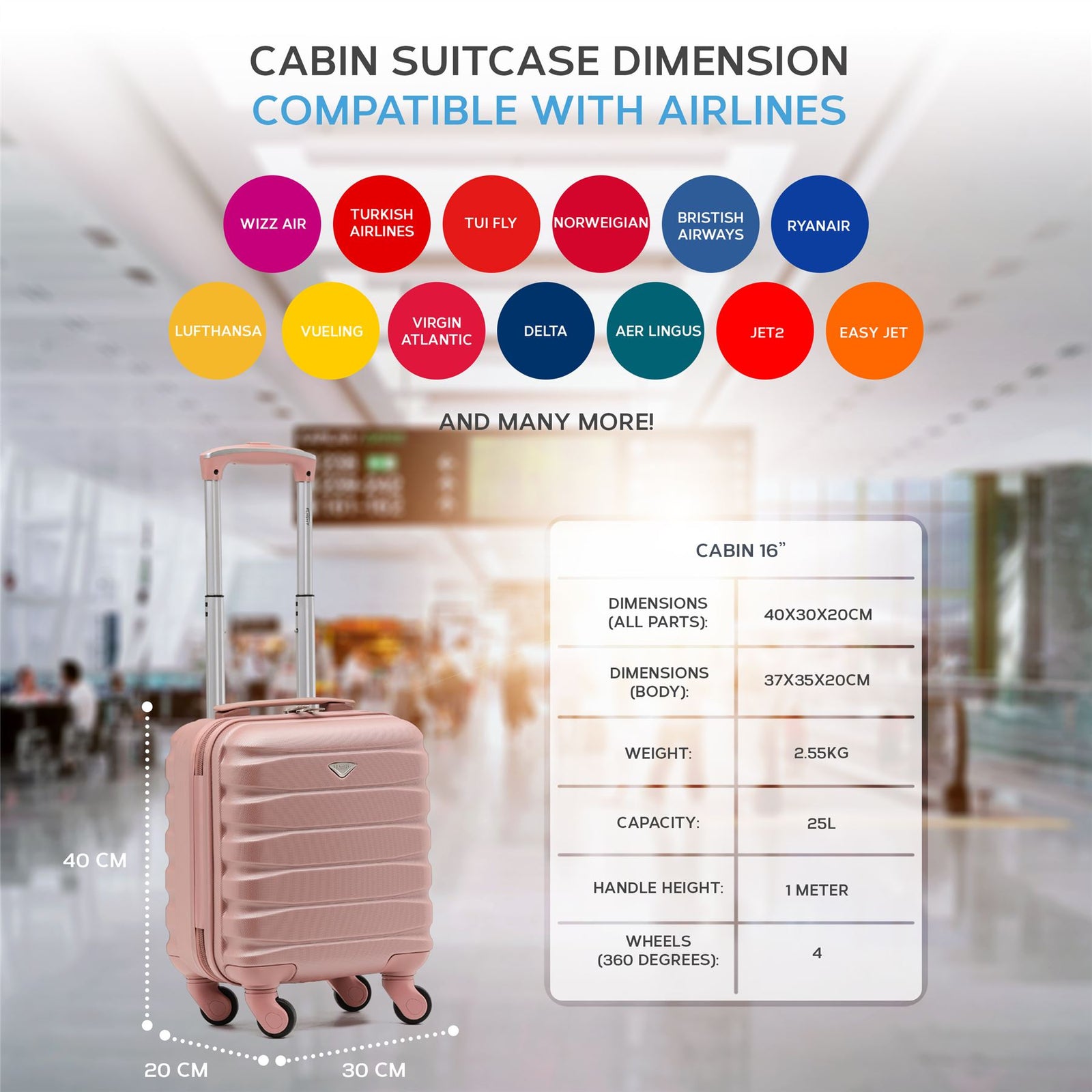 40x30x20cm Cabin Carry-on Suitcase - Lightweight, Durable, 4-wheel Luggage - 100+ Airlines Approved | Cabin | Rose
