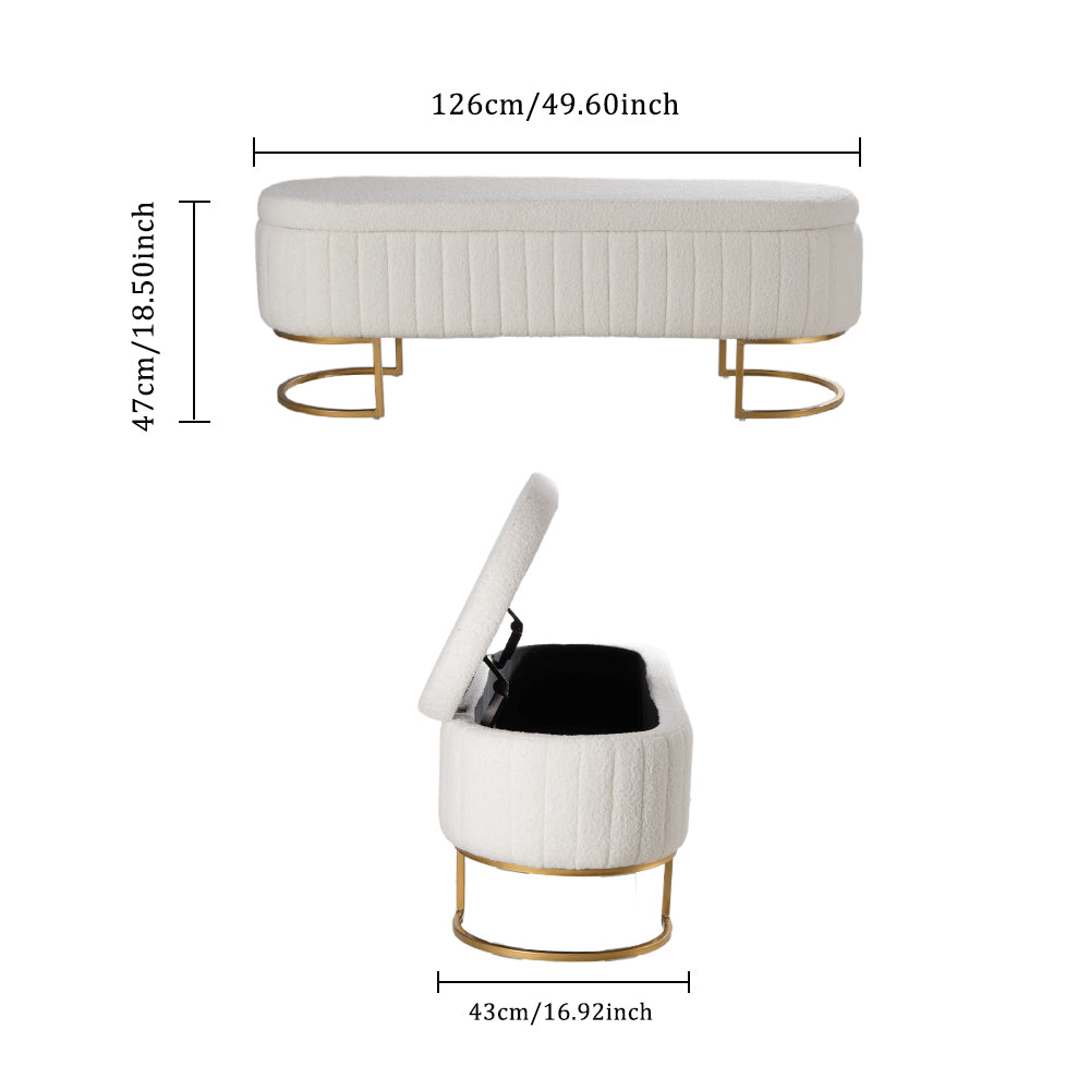White Teddy Fur Upholstered Storage Bench With Gold Metal Base, Modern Ottoman Seat With Hidden Compartment For Bedroom Or Living Room