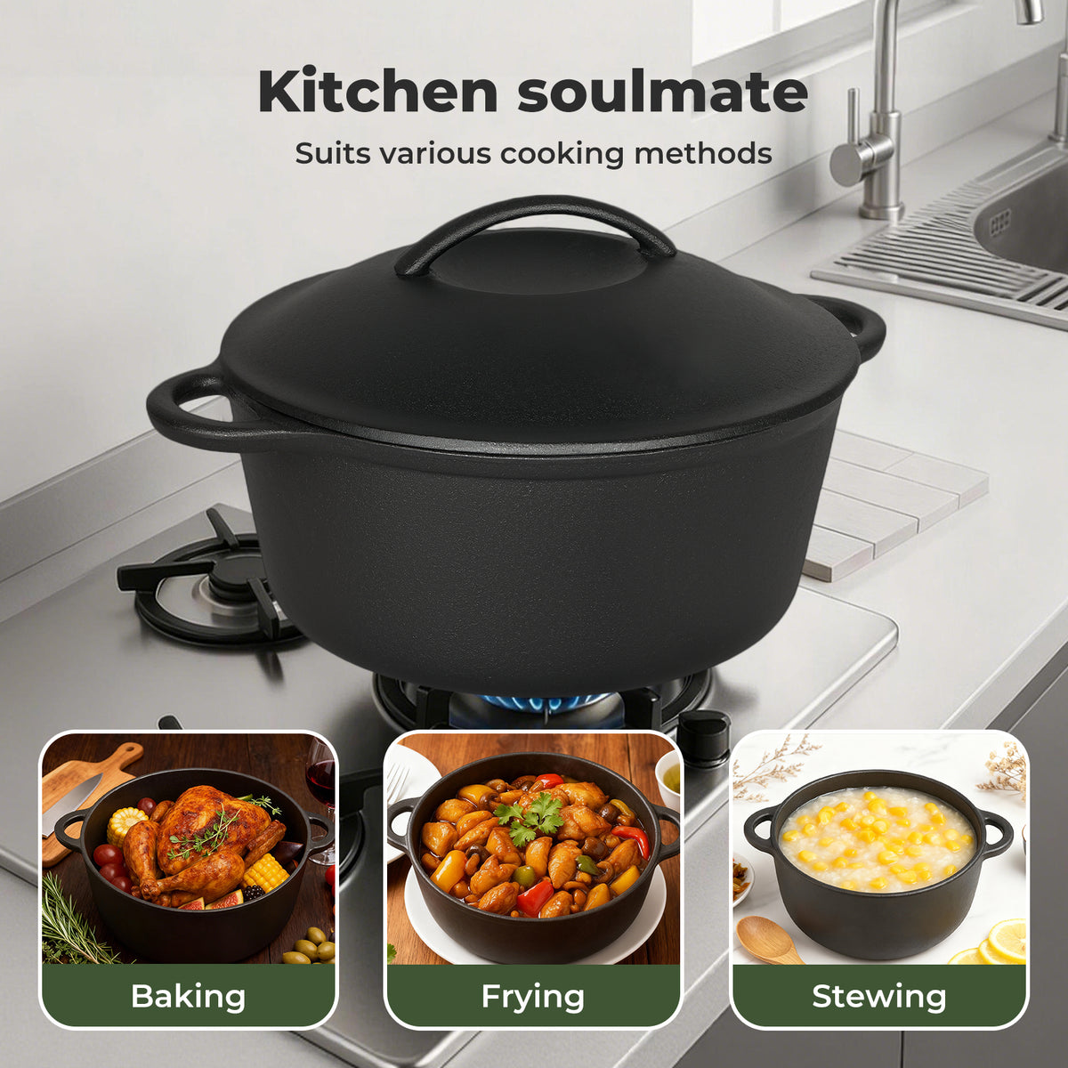 Toque 6.6l Cast Iron Dutch Oven Heavy Duty Casserole Dish Pot Stockpot With Lid