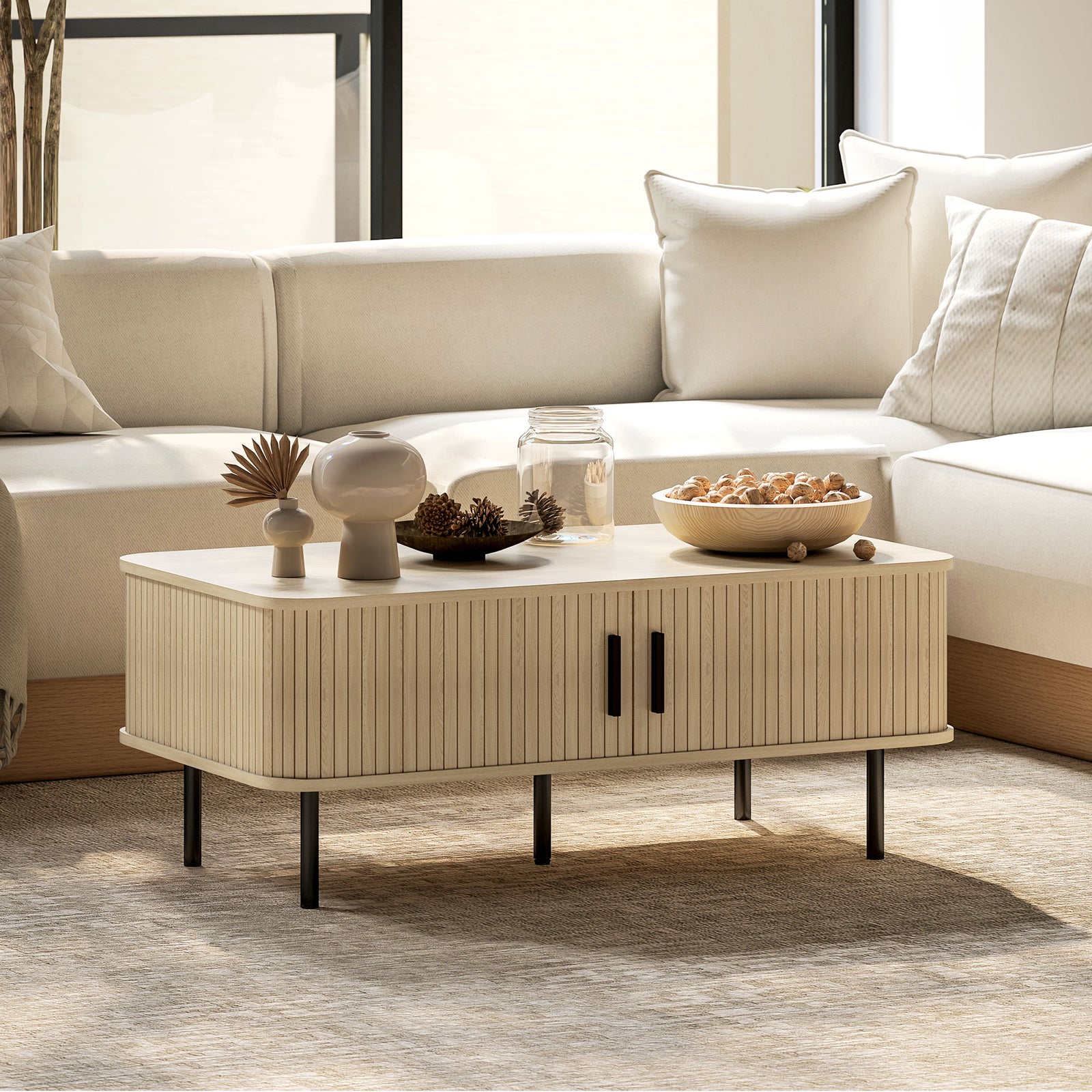 Coffee Table With Storage And Sliding Doors For Living Room