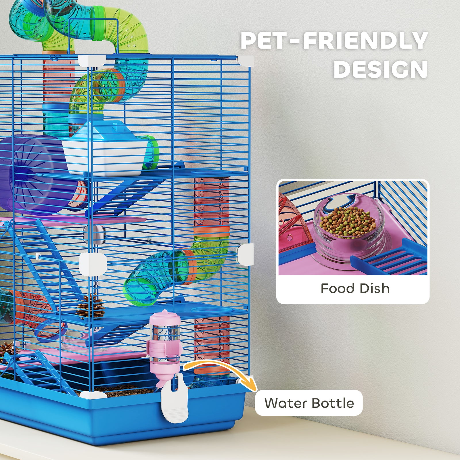 5 Tier Hamster Cage Carrier Habitat W/ Exercise Wheels, Blue