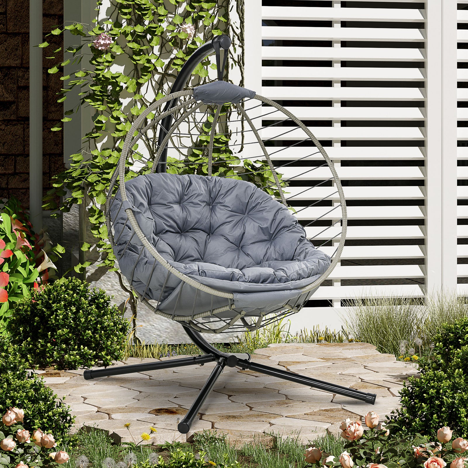 Hang Chair With Thick Cushion, Foldable Basket & Cup Holder