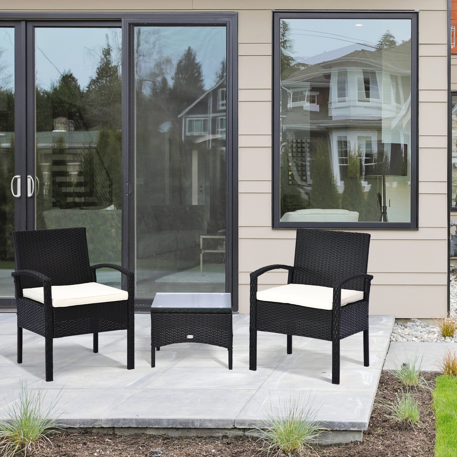 3pc Garden Rattan Bistro Set Dining Table 2 Seater Chair | Black