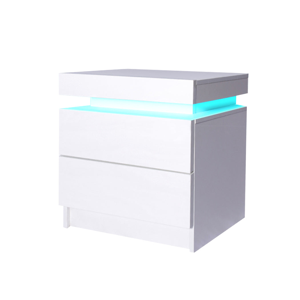 2 Drawer Bedside Table White High Gloss Rgb Led Nightstand Cabinet | White