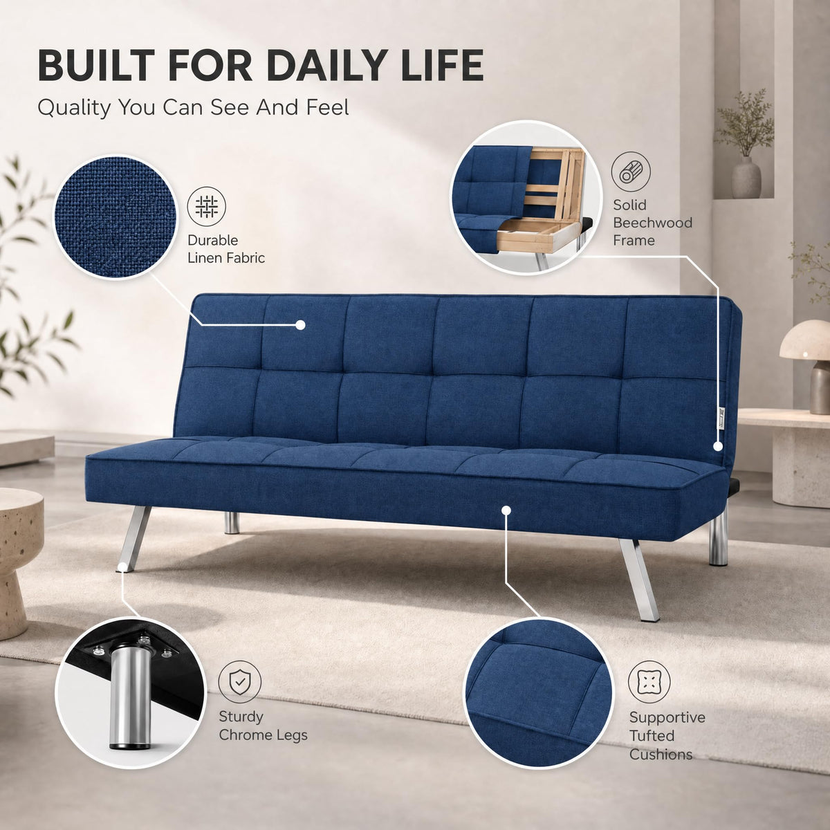 Britney Linen Sofa Bed 3 Seater | Blue