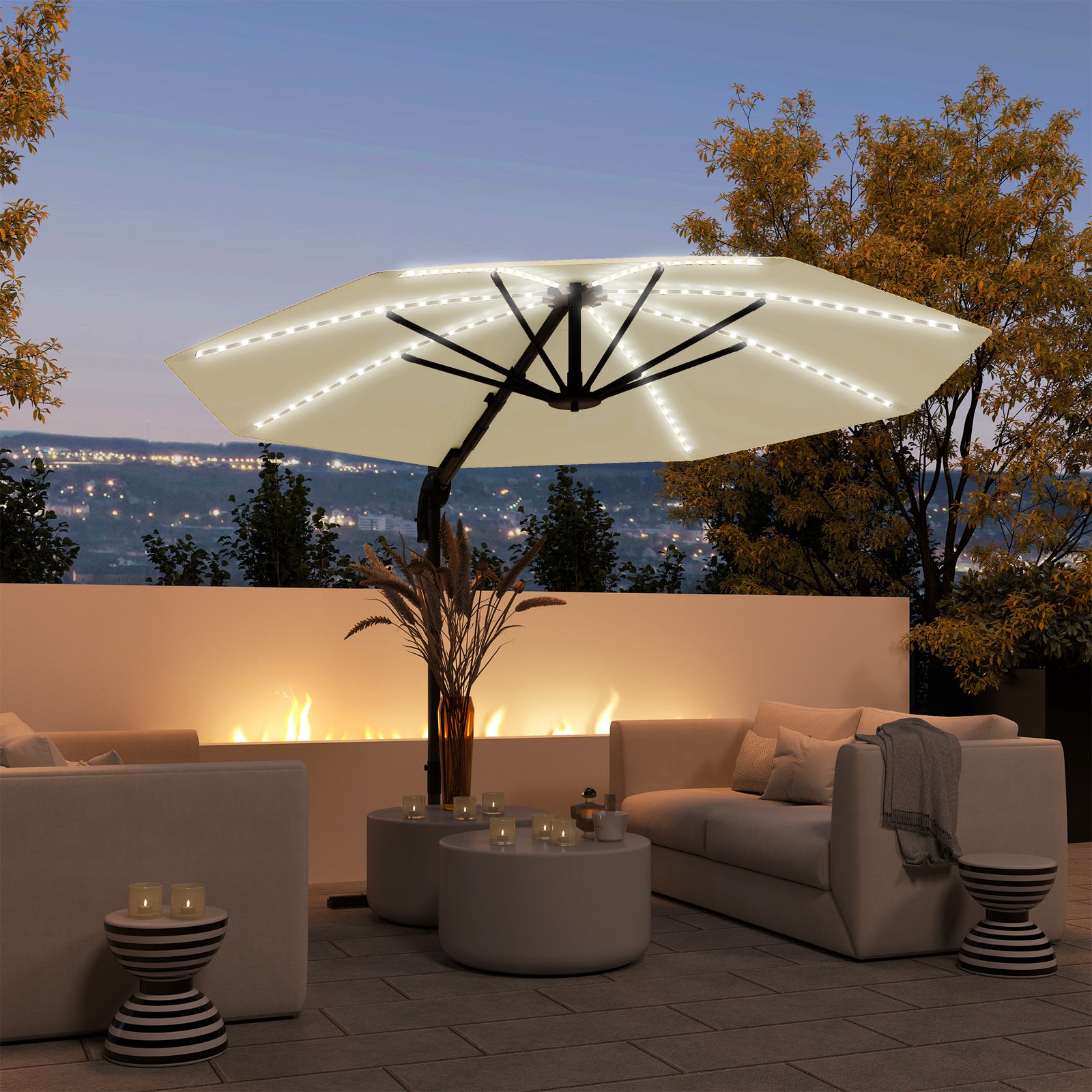 3(m) Garden Parasol W/ Lights, Crank Handle & Cross Base | Cream