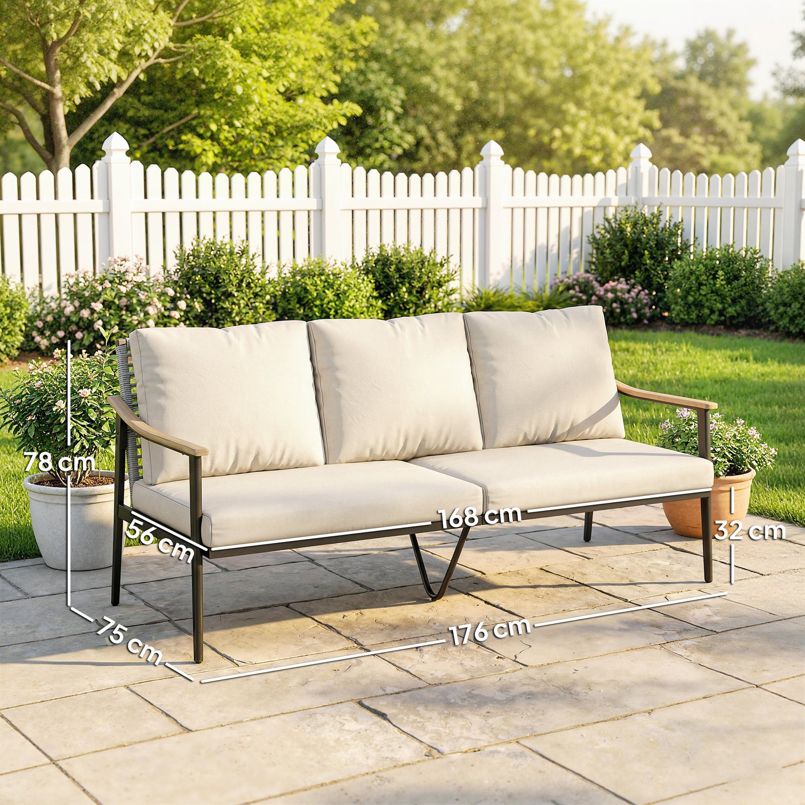 3 Seater Rattan Garden Sofa With Wood-effect Arms, Cushions, Khaki