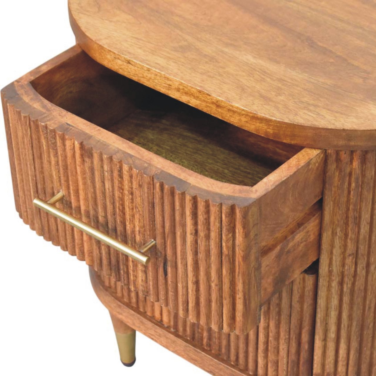 Solid Wood Ribbed Bedside With Brass Accents, 2 Drawers, Light Brown
