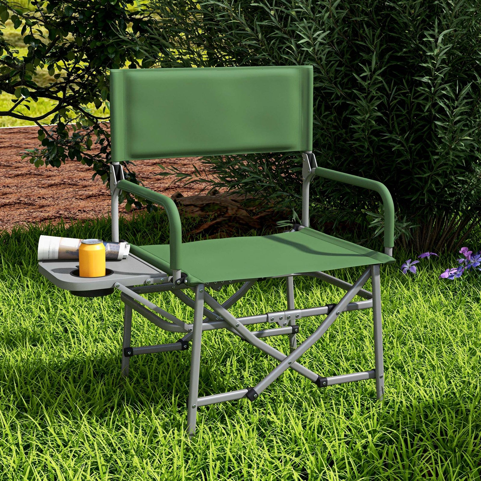 Folding Camping Chair Directors Chair W/table And Cup Holder | Green