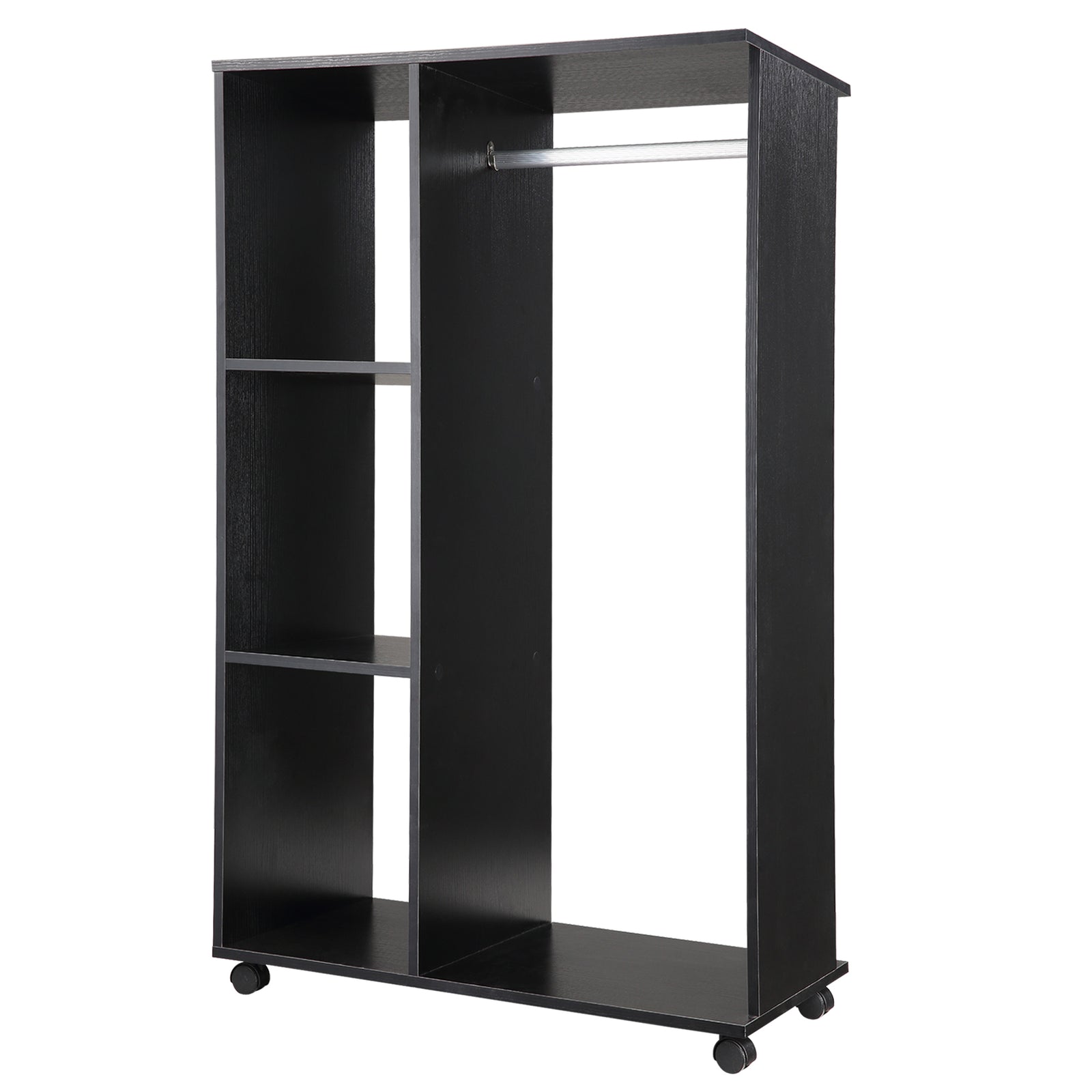 Rolling Open Wardrobe Hanging Rail Storage Shelves Clothes | One Size | Black