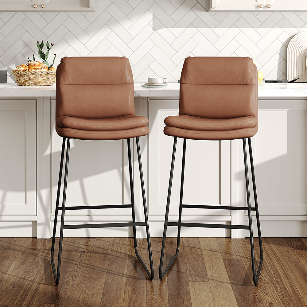 Set Of 2 Pu Leather Bar Stools – Modern Counter Chairs With Double-layer Cushion & Black Metal Legs | Brown