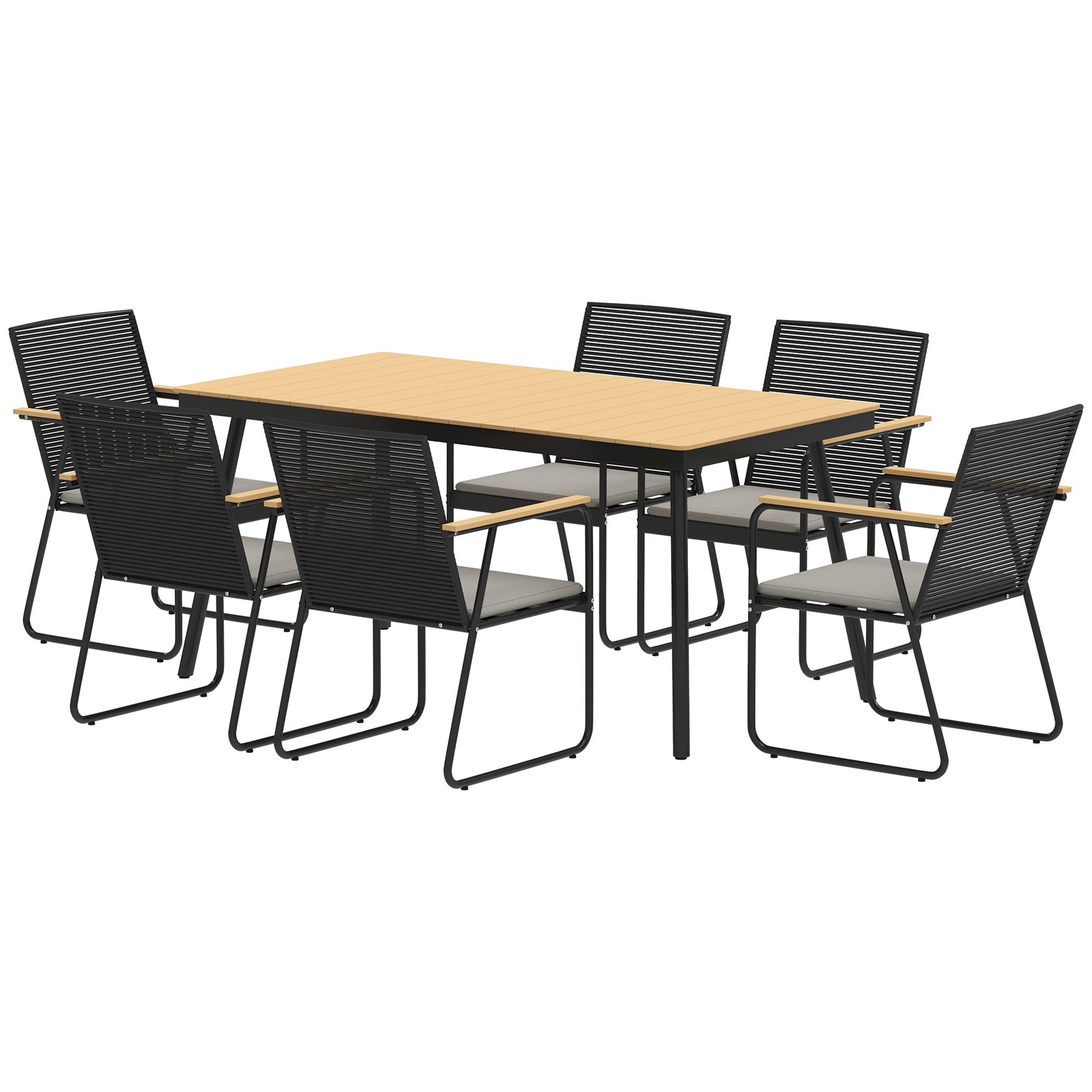 6 Seater Garden Dining Set With Cushions Rattan Backrest | Natural
