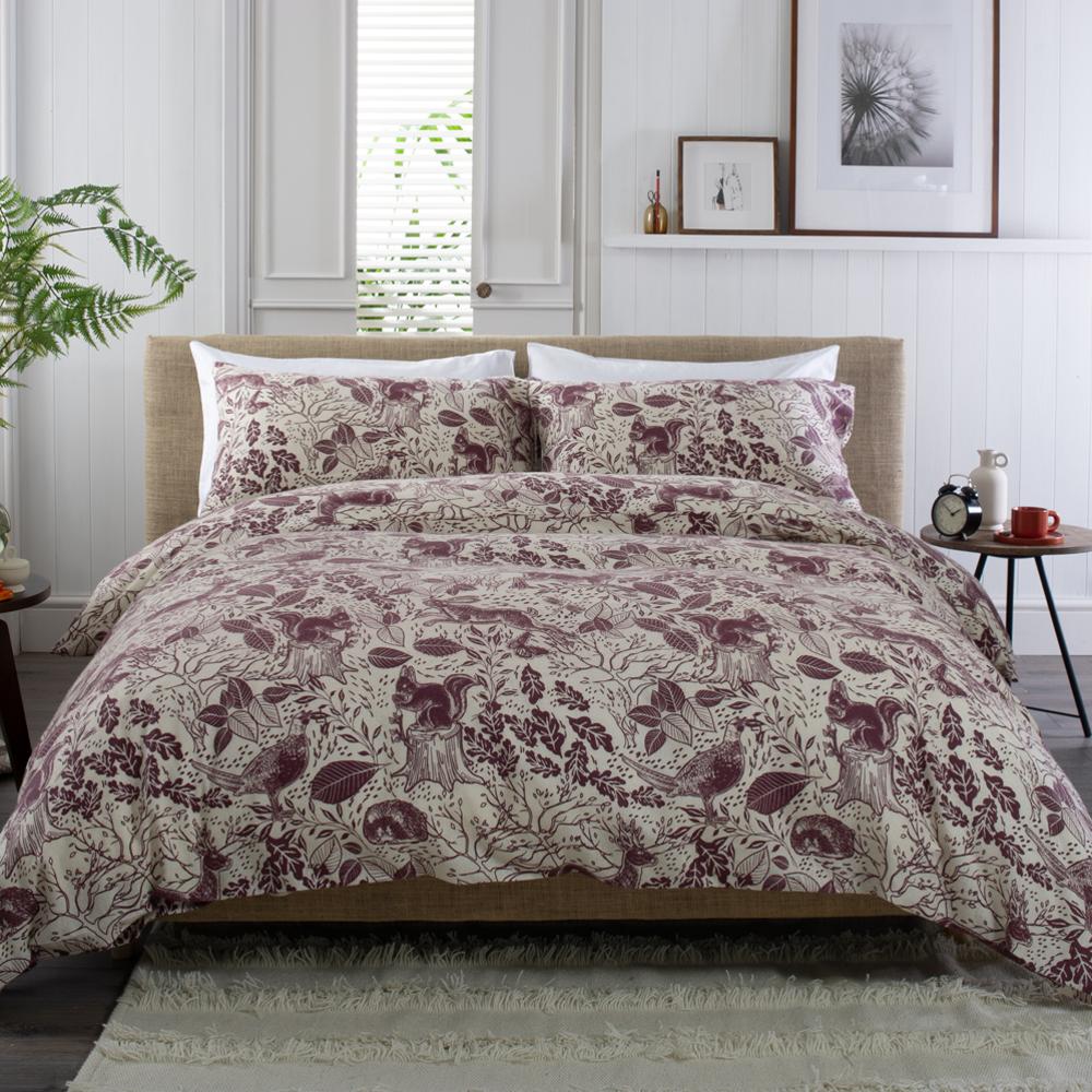 Hidden Forest Mulberry 100% Cotton Brushed Duvet Cover Set | King | Red