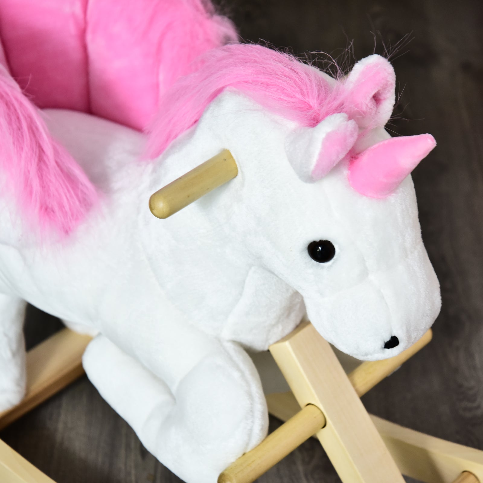 Kids Wooden Ride On Unicorn Rocking Horse Plush Toy Soft Seat Pink