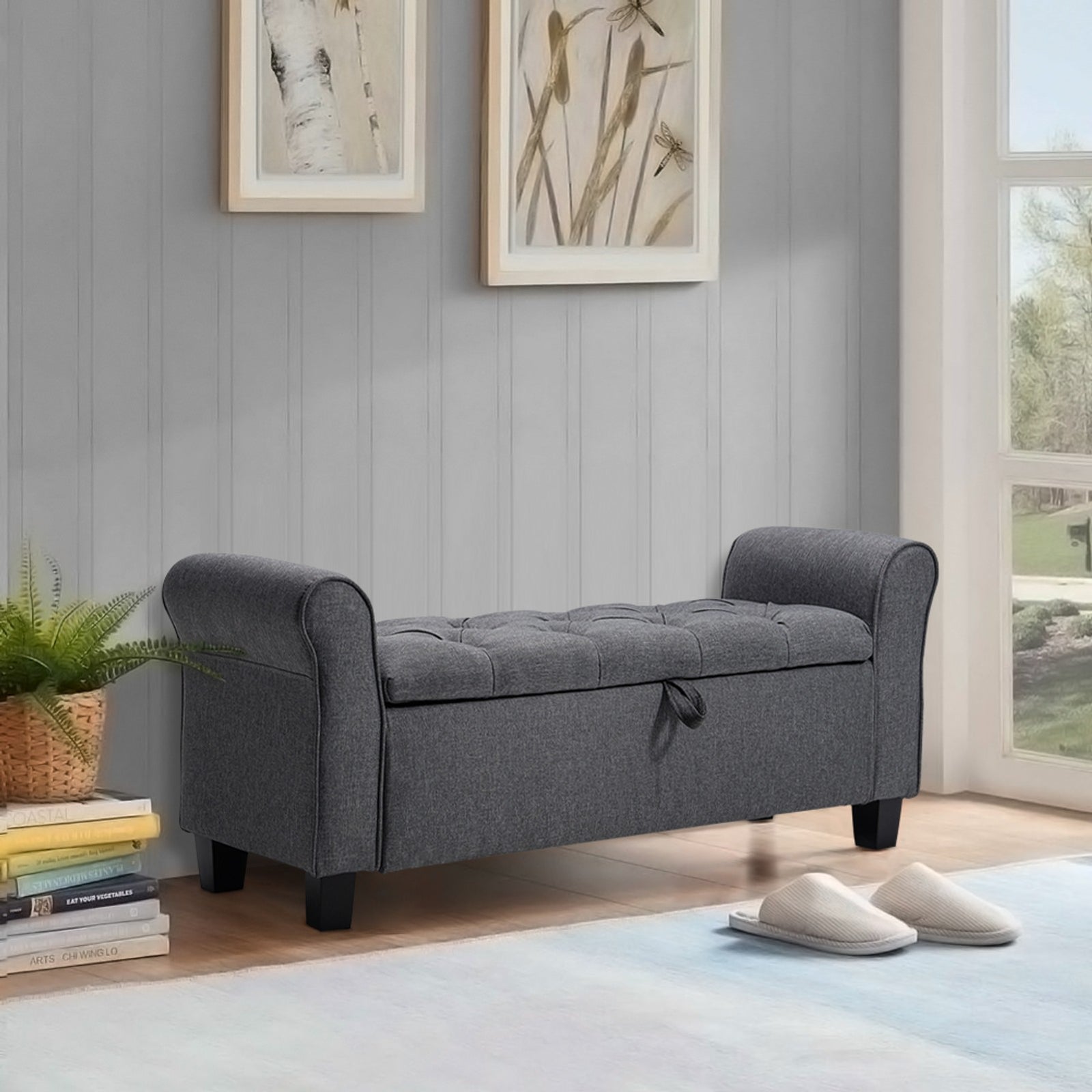 Breeins Modern Linen Upholstered Storage Bench With Armrests
