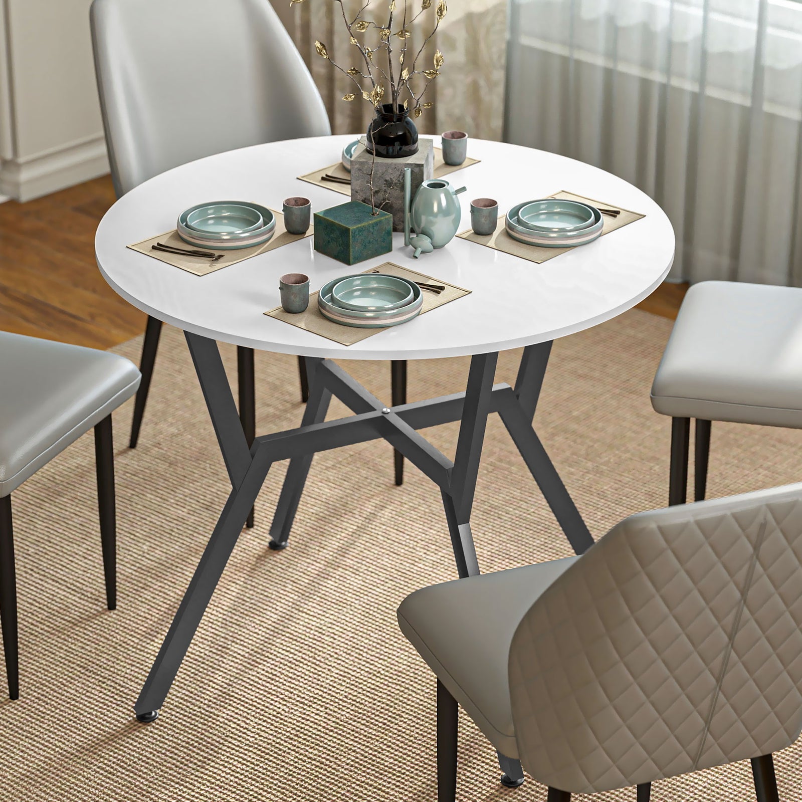 Small Kitchen Table With Black Steel Legs, Dining Table | White