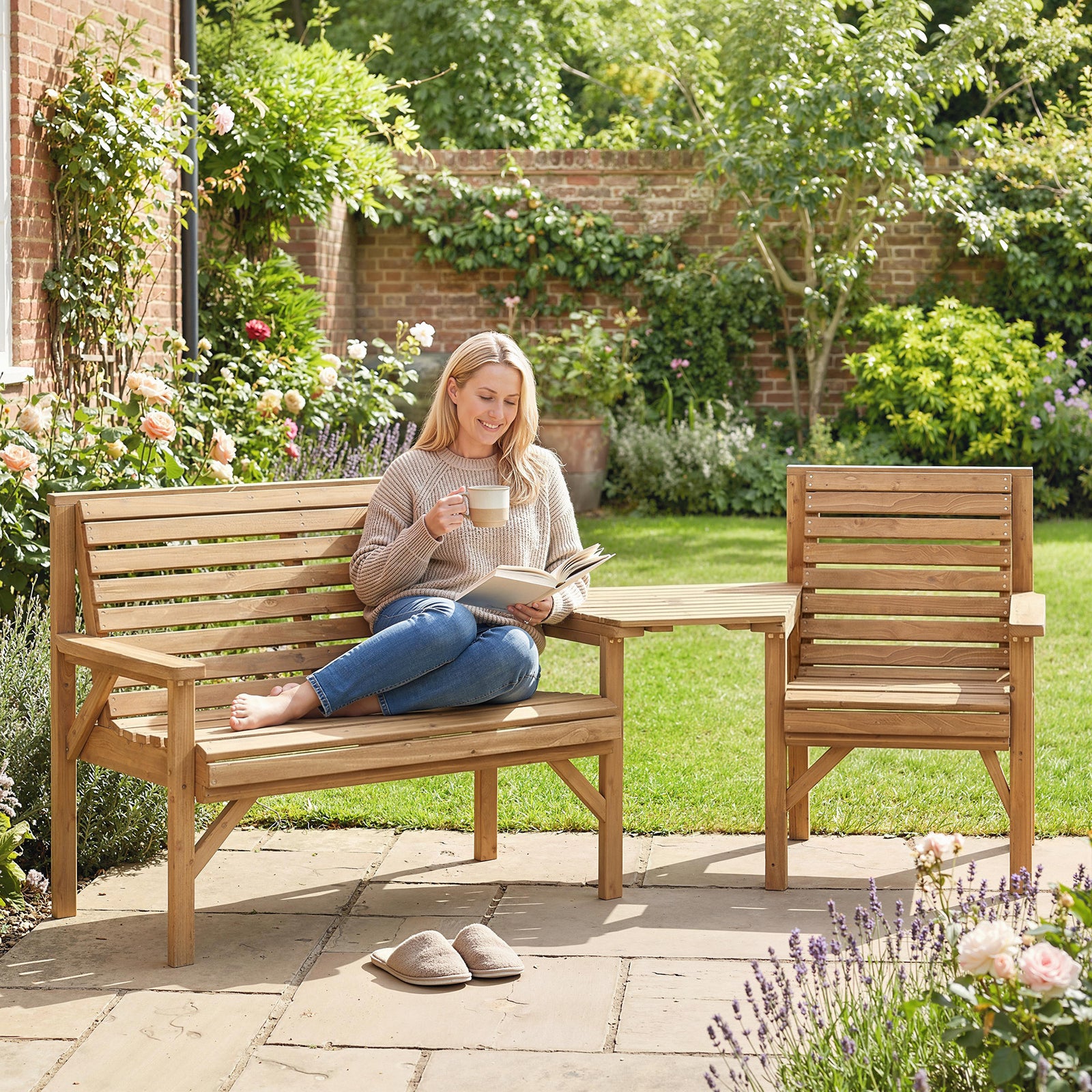 Wood Garden Furniture Set W/ Parasol Hole, Detachable Table | Natural