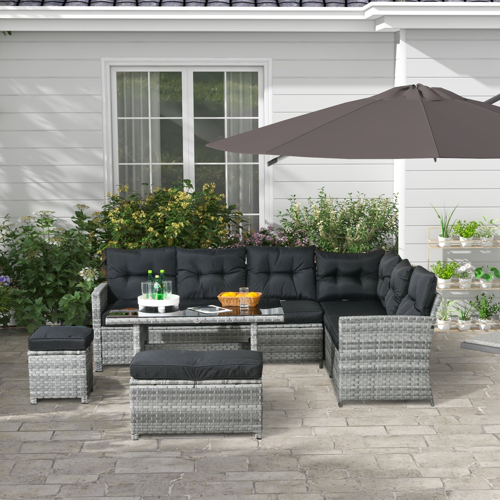 5 Pieces Rattan Set W/ Sofa, Table, Stools, Cushions