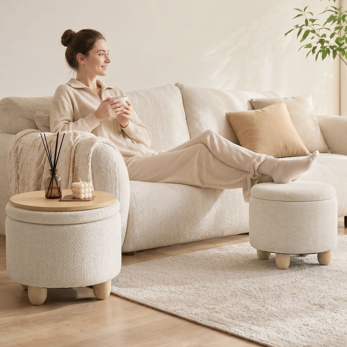 HOMCOM Round Storage Ottoman With Reversible Lid