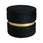 Upholstered Storage Ottoman Foot Rest With Gold Metal Ring 40cm Dia | Black