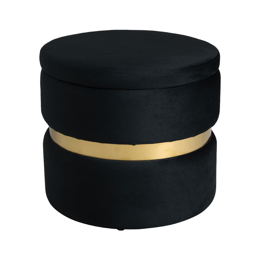 Upholstered Storage Ottoman Foot Rest With Gold Metal Ring 40cm Dia | Black