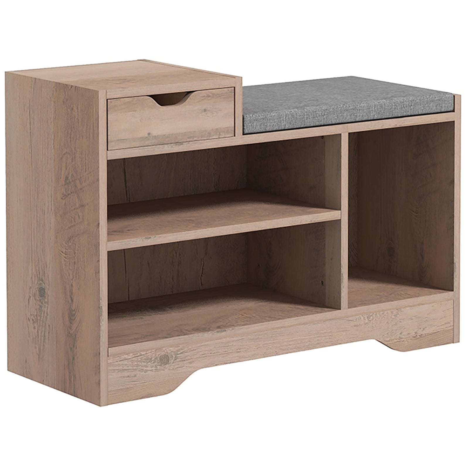 Shoe Bench With Drawer Shelves And Seating Cushion