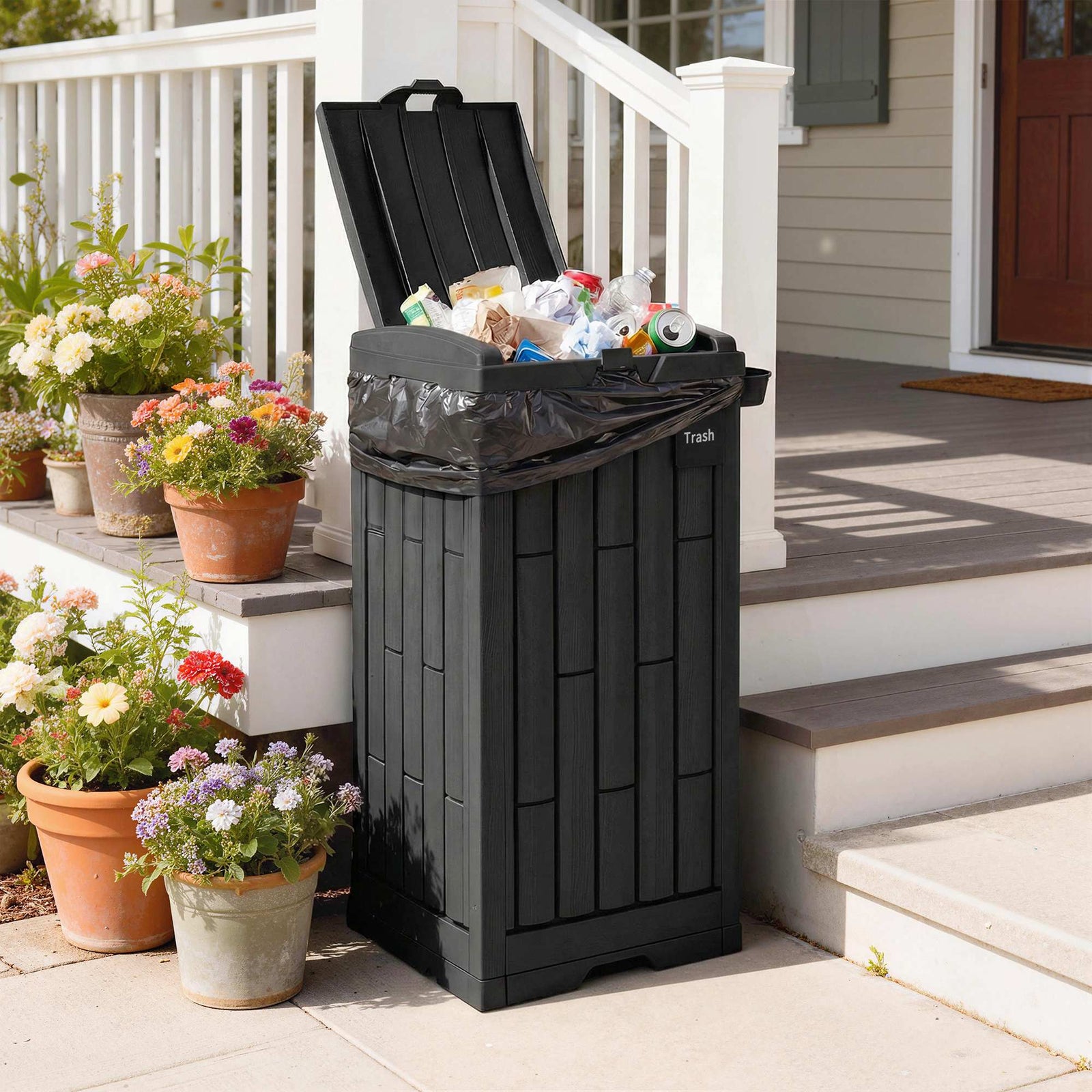 Outsunny 110 L Outdoor Bin With Dual Lid, side holder, Drip Tray, Black